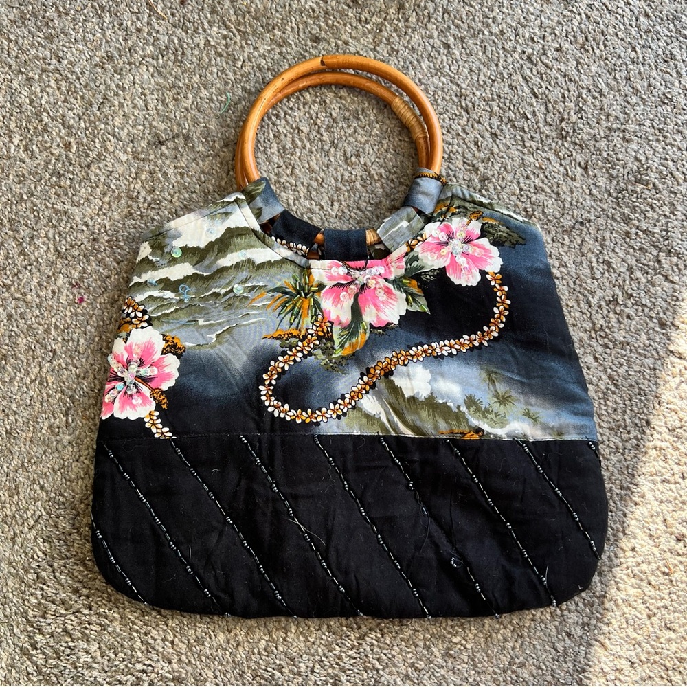 Floral Black Handbag with Bamboo Handles